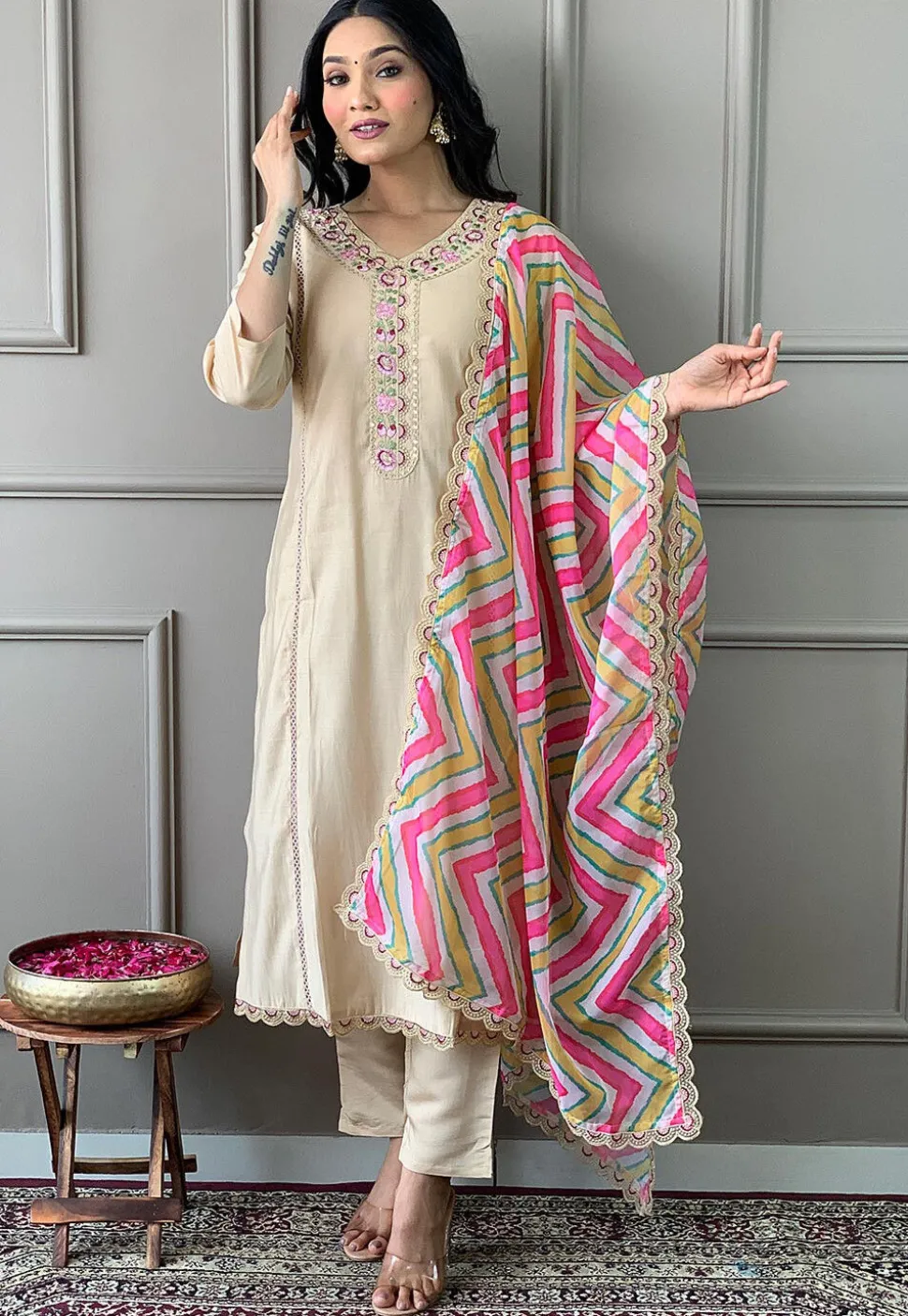 Embroidered Chanderi Silk Pakistani Suit in Beige