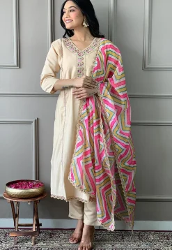 Embroidered Chanderi Silk Pakistani Suit in Beige