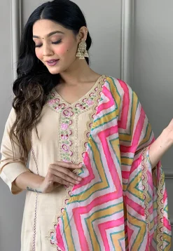 Embroidered Chanderi Silk Pakistani Suit in Beige