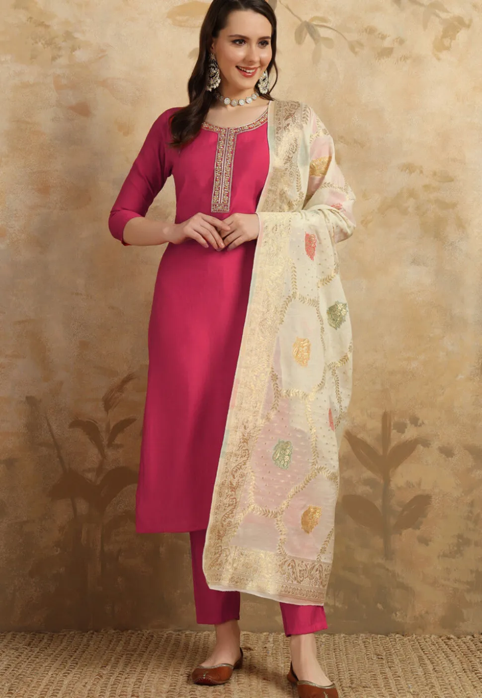 Embroidered Chanderi Silk Pakistani Suit in Pink