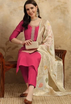Embroidered Chanderi Silk Pakistani Suit in Pink