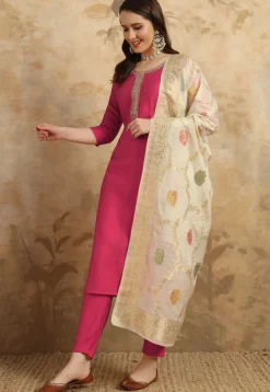 Embroidered Chanderi Silk Pakistani Suit in Pink