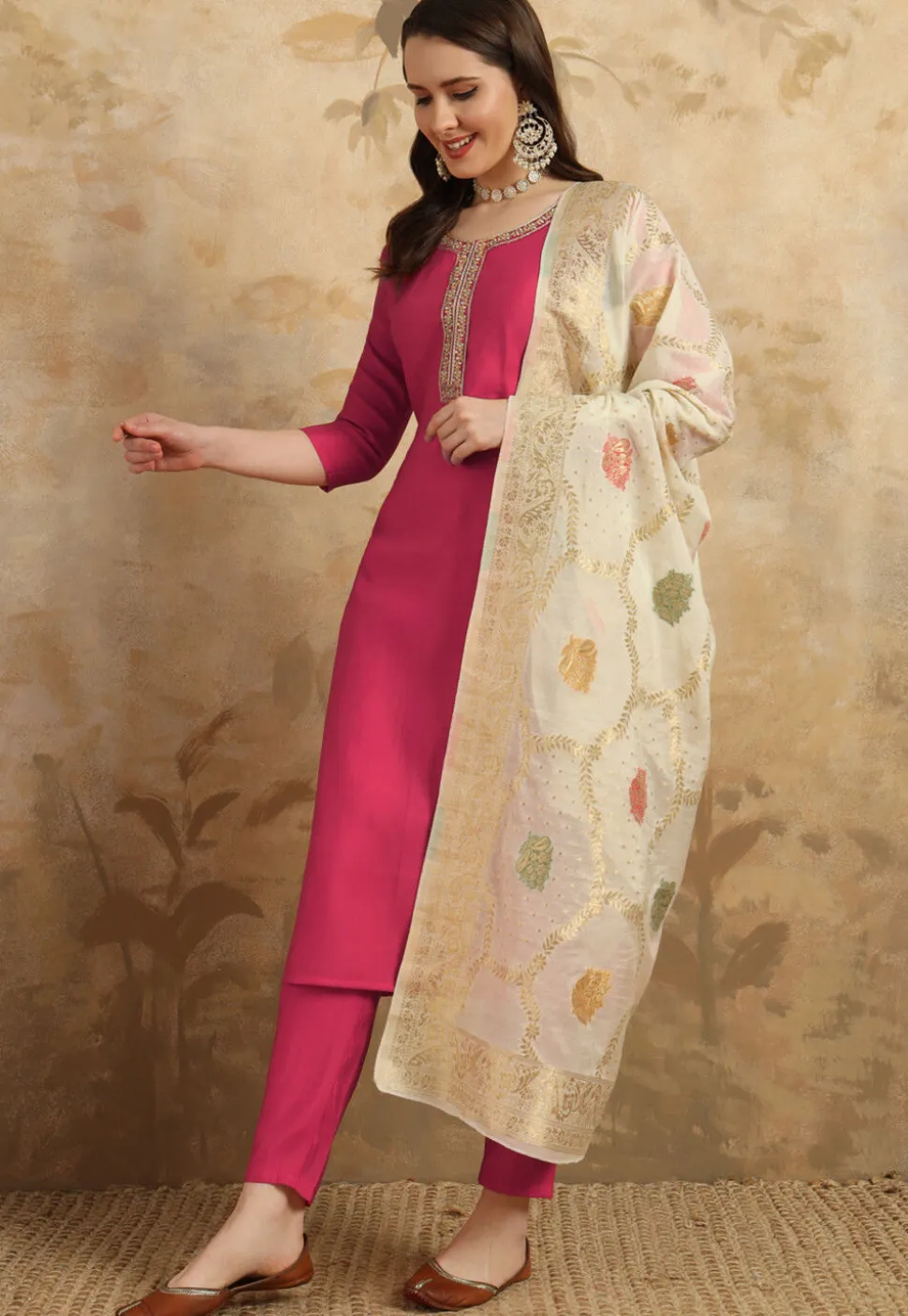 Embroidered Chanderi Silk Pakistani Suit in Pink