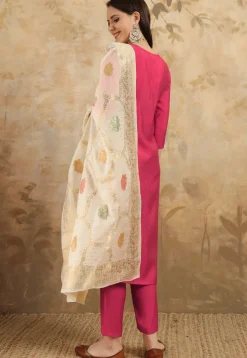 Embroidered Chanderi Silk Pakistani Suit in Pink
