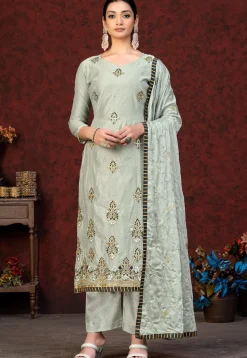 Embroidered Chanderi Silk Pakistani Suit in Sea Green