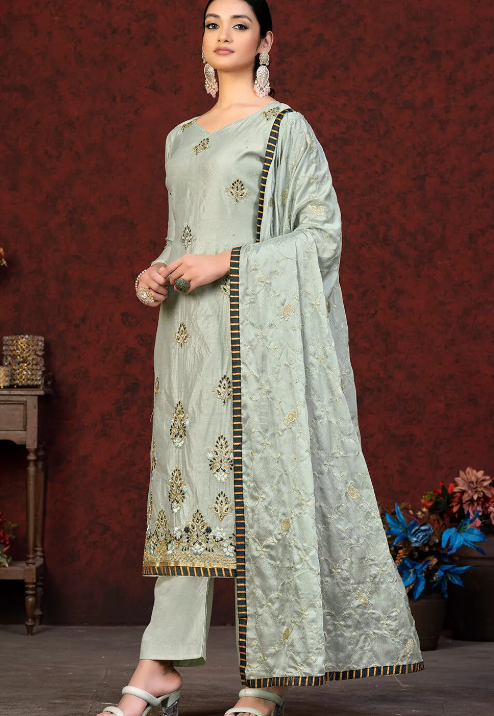 Embroidered Chanderi Silk Pakistani Suit in Sea Green