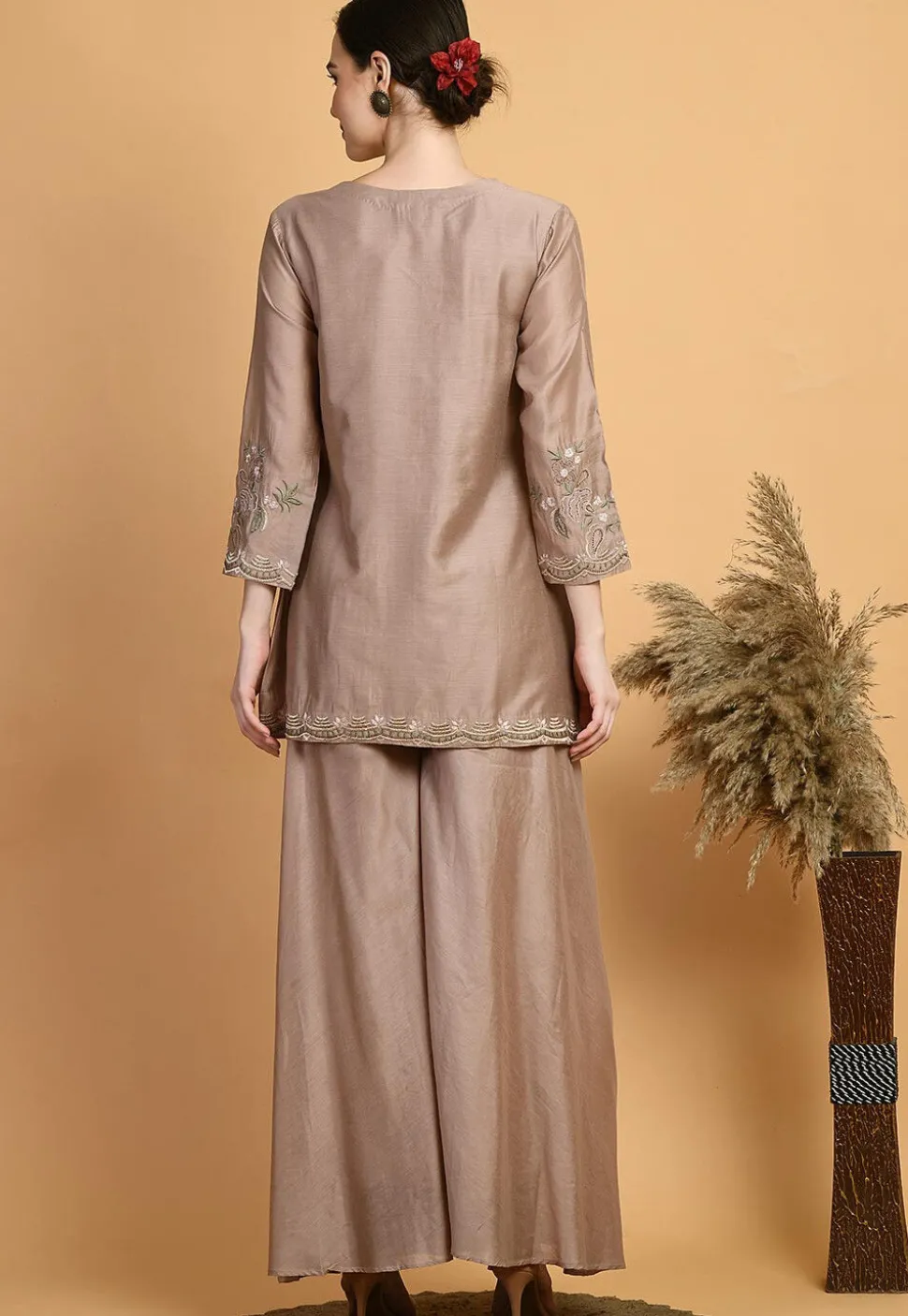 Embroidered Chanderi Silk Kurti Set in Brown