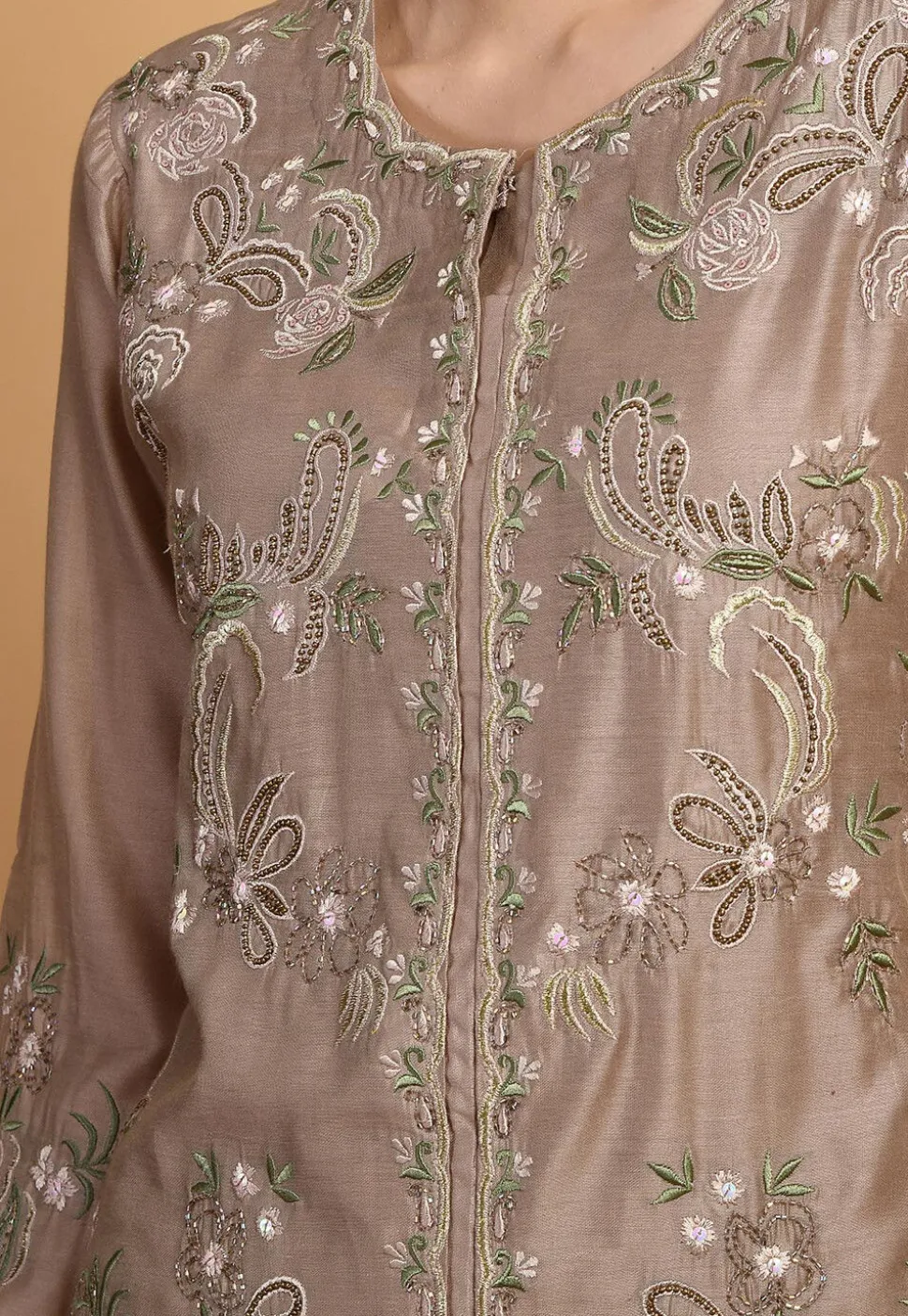 Embroidered Chanderi Silk Kurti Set in Brown