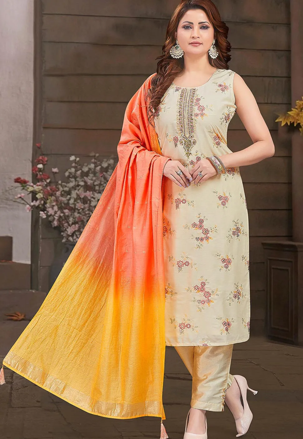 Embroidered Chanderi Silk Pakistani Suit in Beige