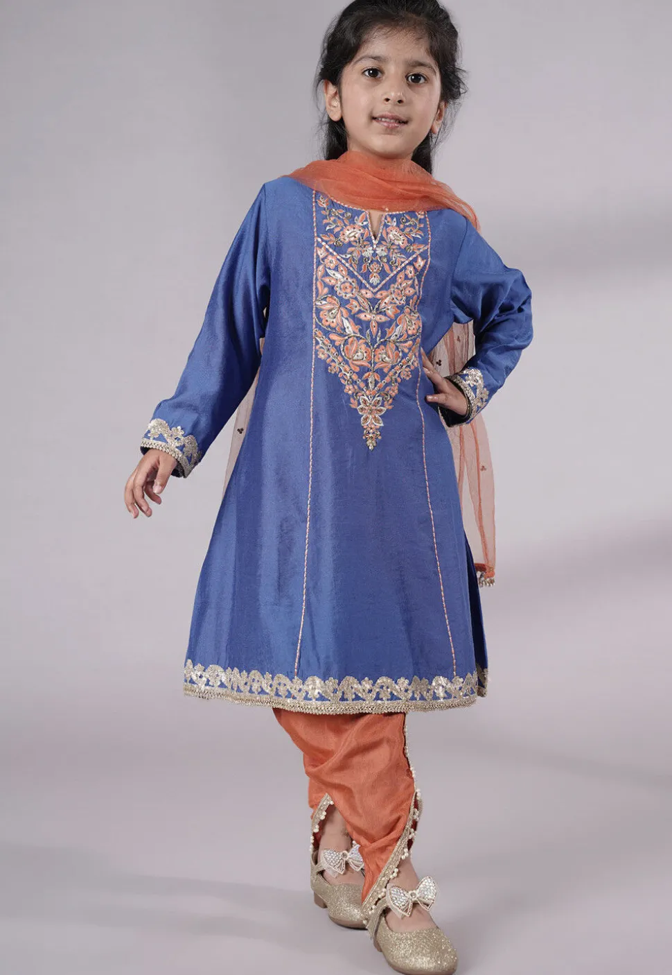 Embroidered Chanderi Silk Punjabi Suit in Blue