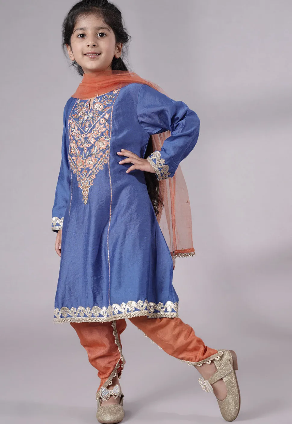Embroidered Chanderi Silk Punjabi Suit in Blue