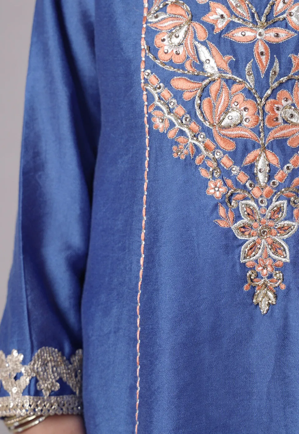 Embroidered Chanderi Silk Punjabi Suit in Blue
