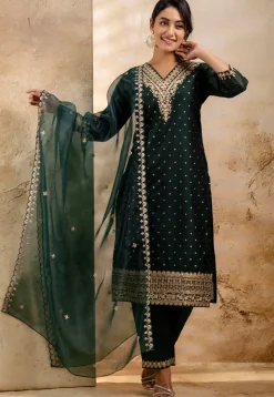 Embroidered Chanderi Silk Pakistani Suit in Dark Green