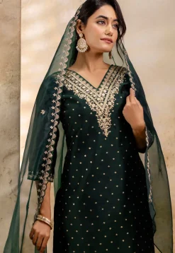 Embroidered Chanderi Silk Pakistani Suit in Dark Green