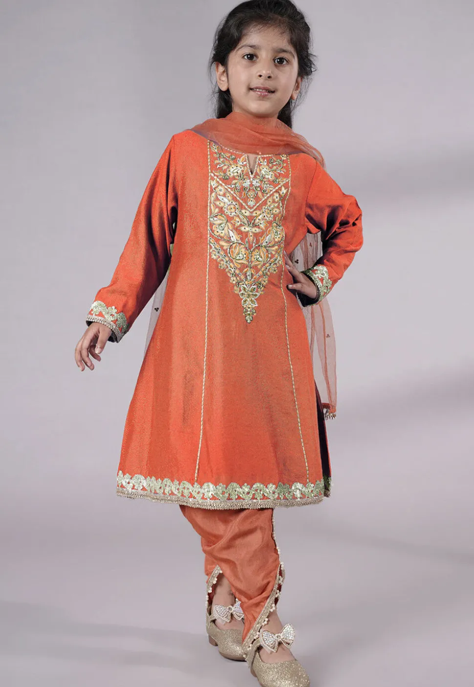 Embroidered Chanderi Silk Punjabi Suit in Peach