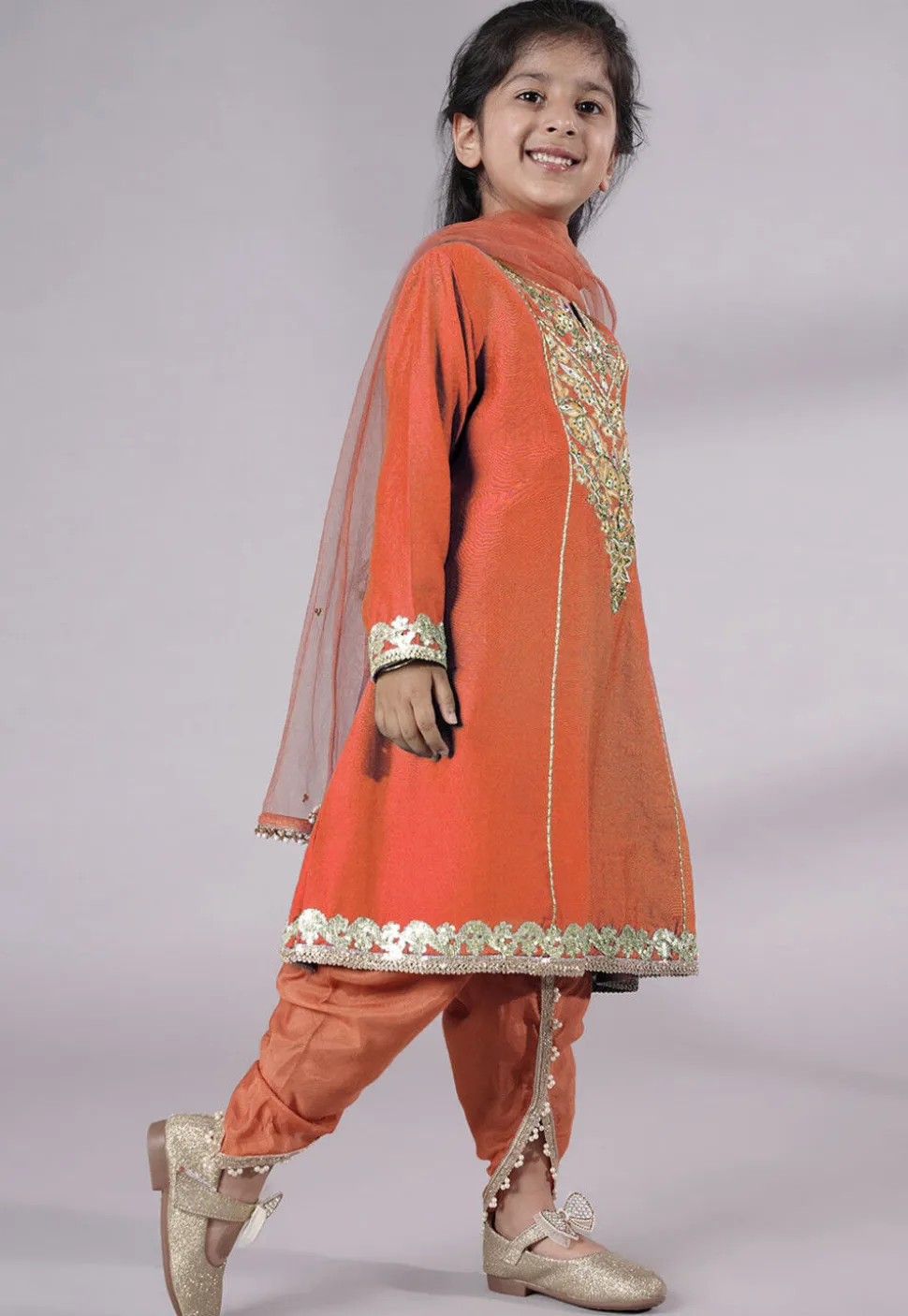 Embroidered Chanderi Silk Punjabi Suit in Peach