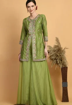 Embroidered Chanderi Silk Kurti Set in Green
