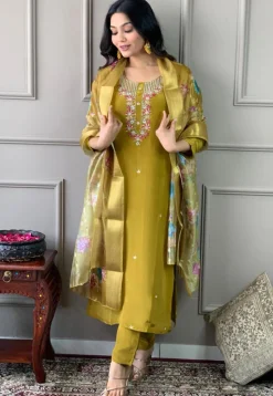 Embroidered Chanderi Silk Pakistani Suit in Olive Green