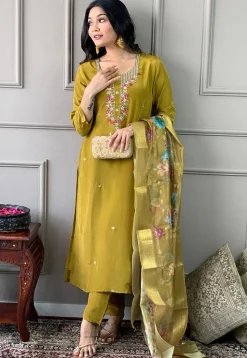 Embroidered Chanderi Silk Pakistani Suit in Olive Green