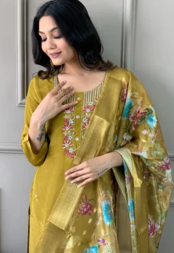 Embroidered Chanderi Silk Pakistani Suit in Olive Green