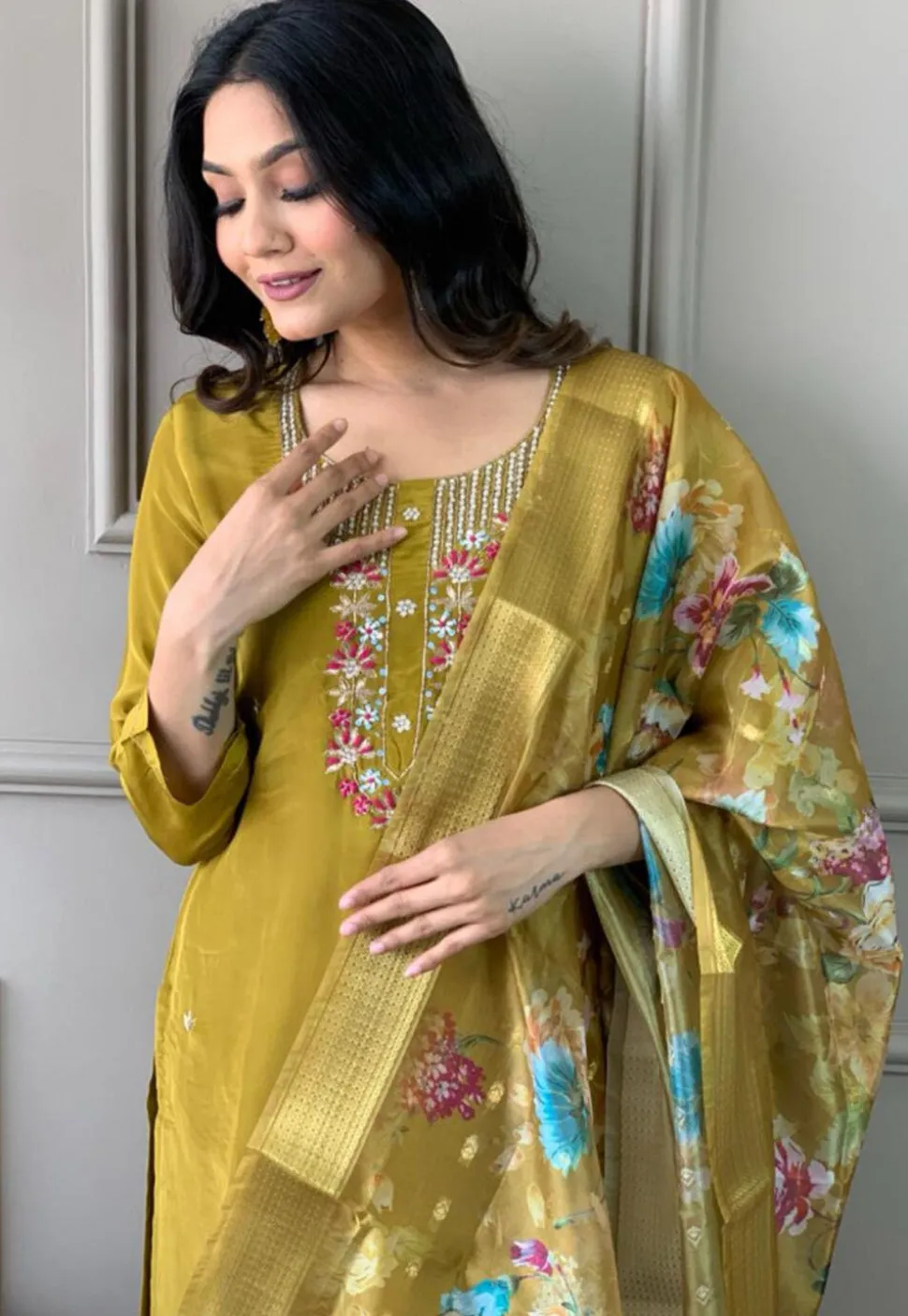 Embroidered Chanderi Silk Pakistani Suit in Olive Green