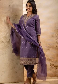 Embroidered Chanderi Silk Pakistani Suit in Purple