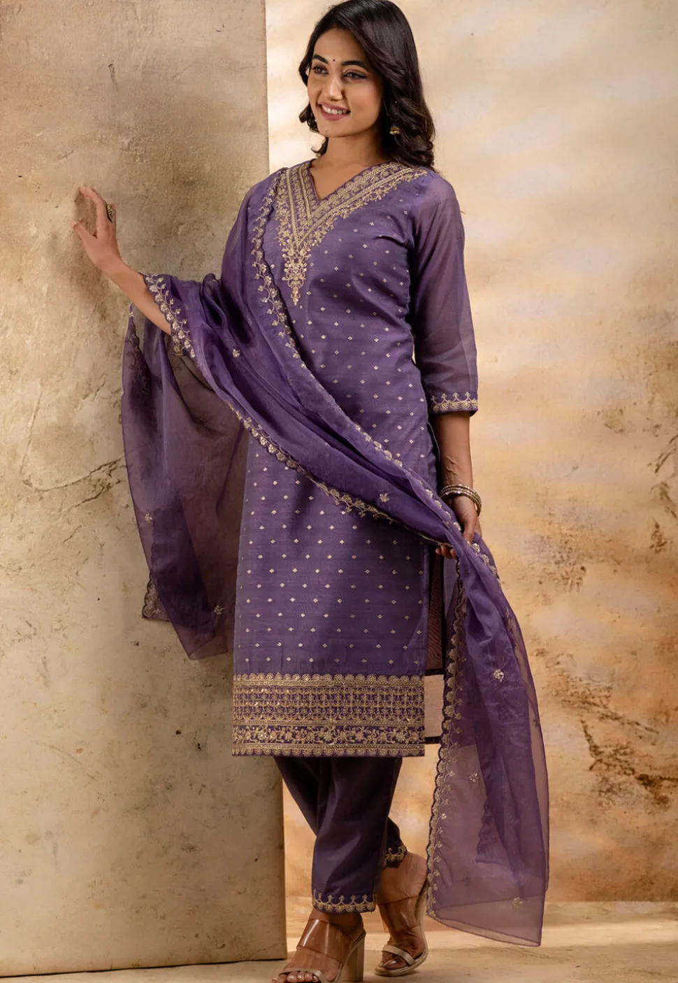 Embroidered Chanderi Silk Pakistani Suit in Purple