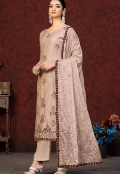 Embroidered Chanderi Silk Pakistani Suit in Beige