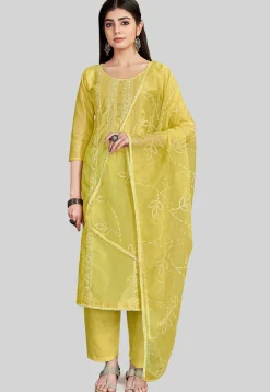 Embroidered Chanderi Silk Pakistani Suit in Yellow