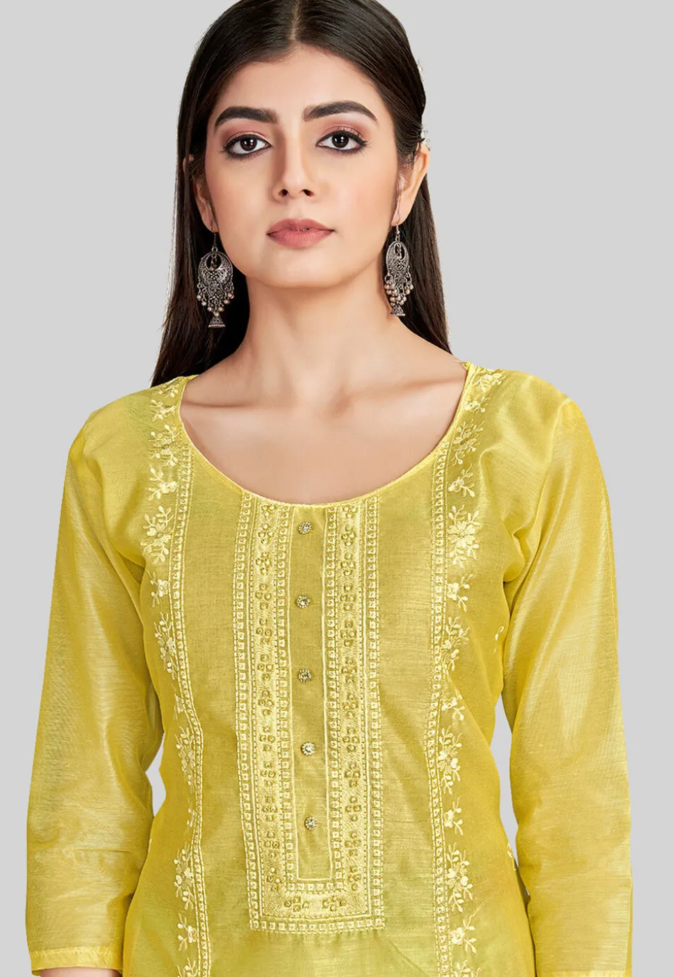 Embroidered Chanderi Silk Pakistani Suit in Yellow