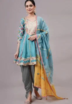 Embroidered Chanderi Silk Anarkali Suit in Blue