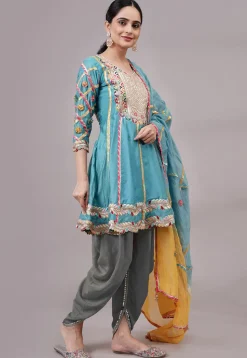 Embroidered Chanderi Silk Anarkali Suit in Blue