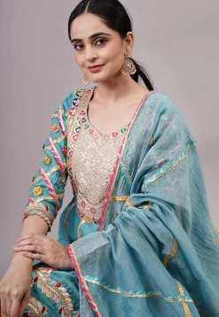Embroidered Chanderi Silk Anarkali Suit in Blue