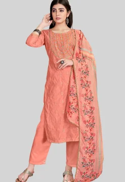 Embroidered Chanderi Silk Pakistani Suit in Peach
