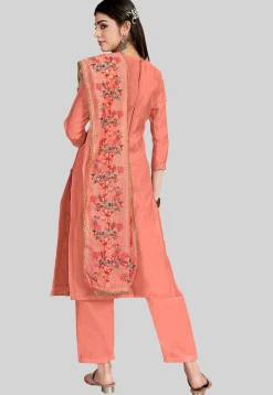 Embroidered Chanderi Silk Pakistani Suit in Peach