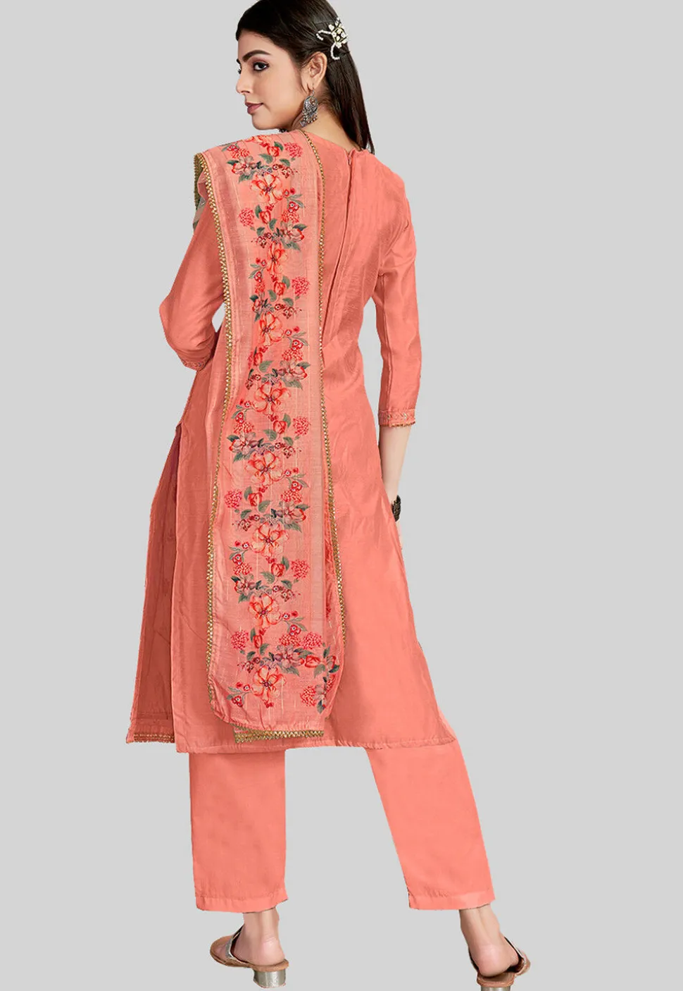 Embroidered Chanderi Silk Pakistani Suit in Peach