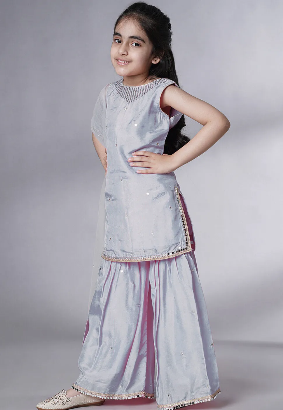 Embroidered Chanderi Silk Pakistani Suit in Grey