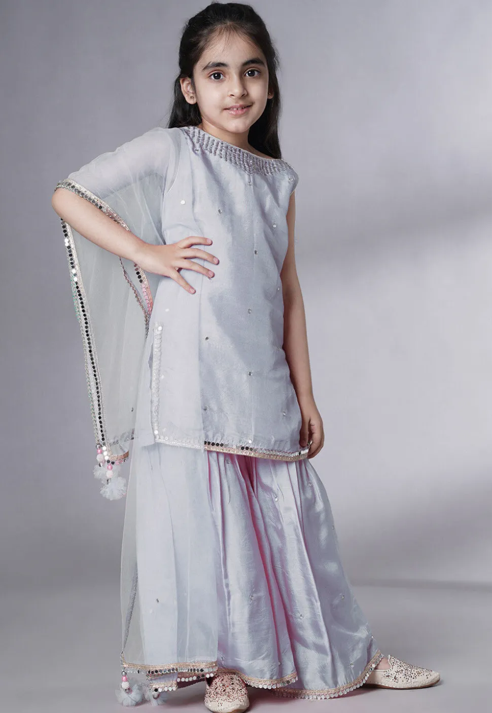 Embroidered Chanderi Silk Pakistani Suit in Grey