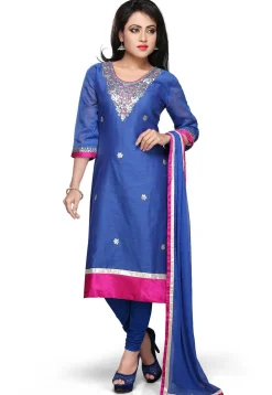 Embroidered Chanderi Straight Cut Suit In Blue