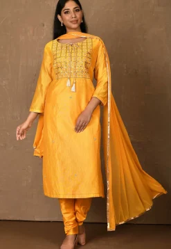 Embroidered Chanderi Straight Suit in Mustard