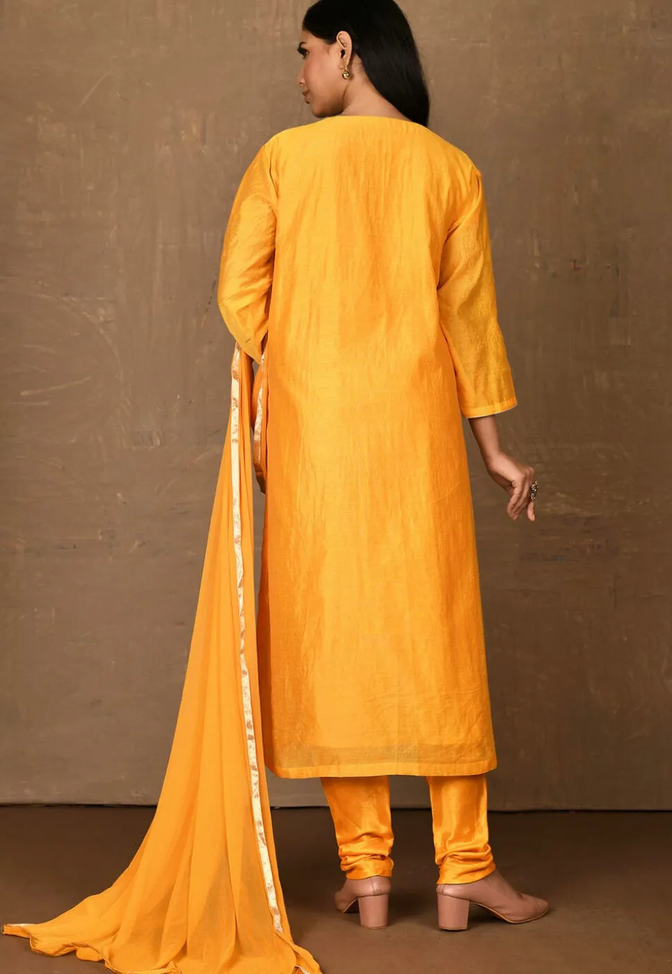 Embroidered Chanderi Straight Suit in Mustard