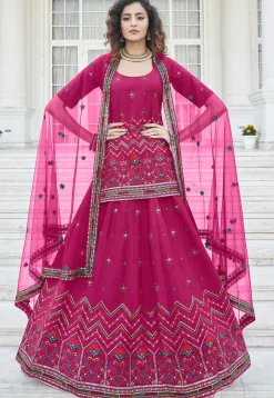 Embroidered Chiffon Lehenga in Magenta