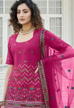Embroidered Chiffon Lehenga in Magenta