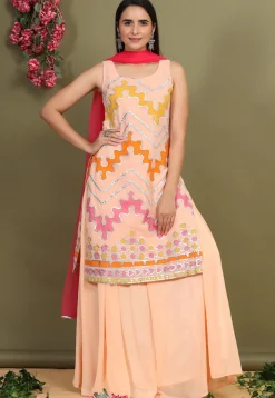 Embroidered Chiffon Lehenga in Light Peach