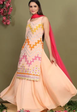 Embroidered Chiffon Lehenga in Light Peach