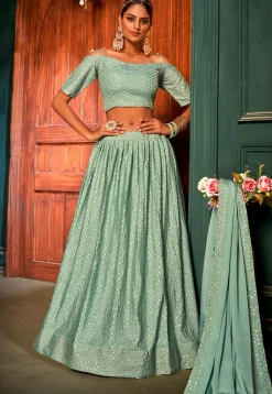 Embroidered Chiffon Lehenga in Sea Green