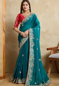 Embroidered Chiffon Saree in Teal Blue