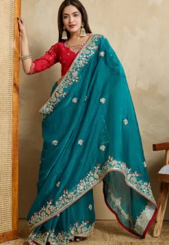 Embroidered Chiffon Saree in Teal Blue