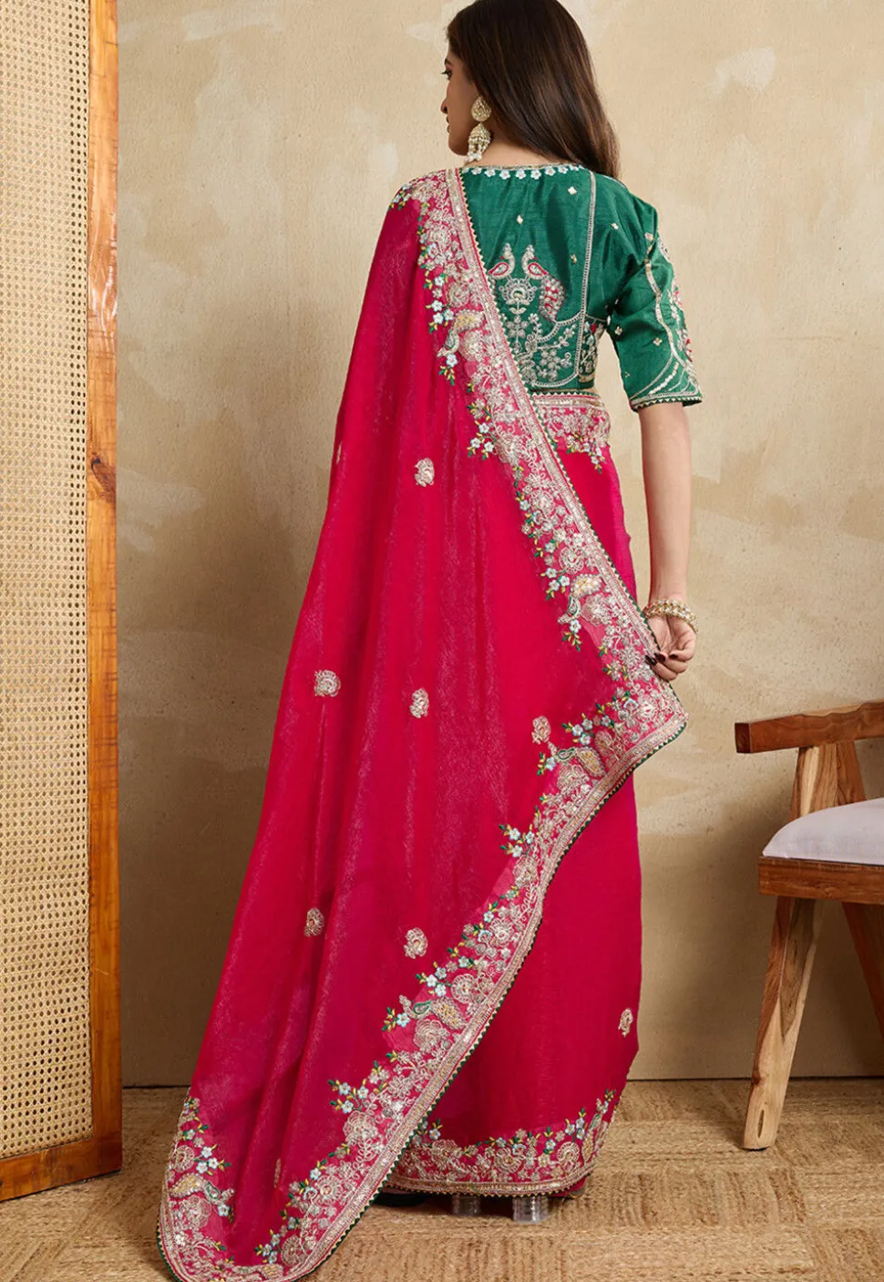 Embroidered Chiffon Saree in Fuchsia
