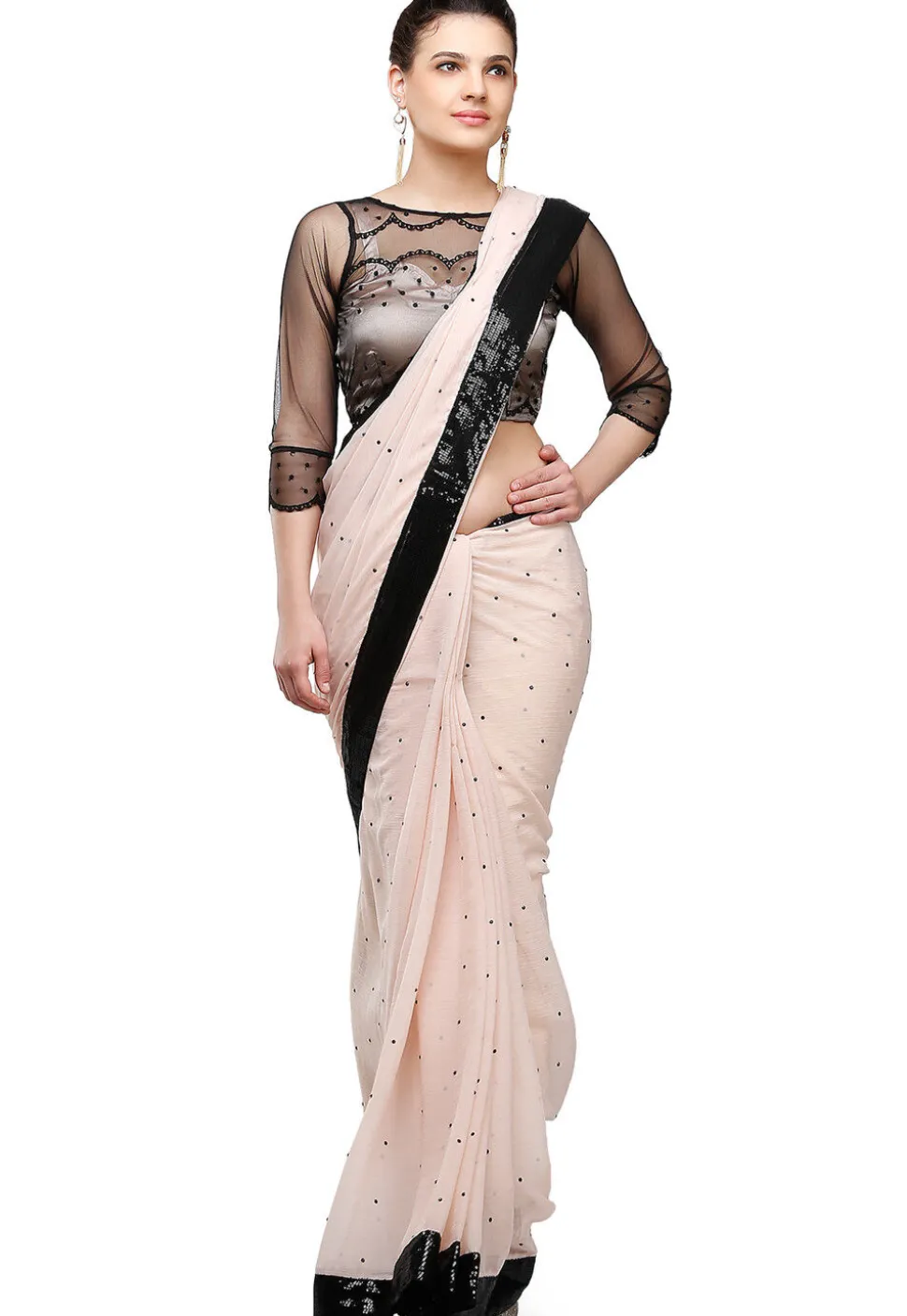 Embroidered Chiffon Saree in Baby Pink